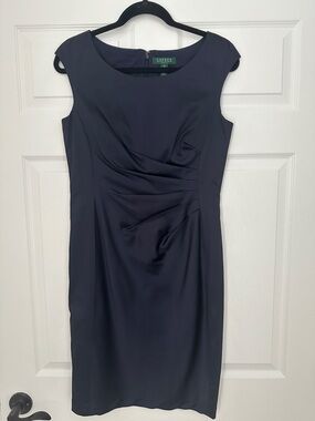 Lauren Ralph Lauren Navy Ruched Cap-Sleeve Midi Sheath Dress